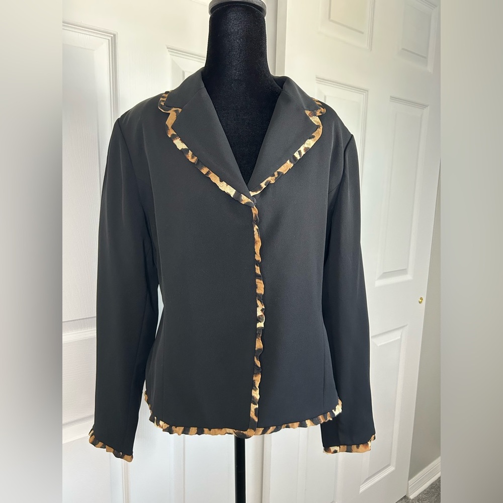 Courtenay Black Blazer with Animal Print Trim